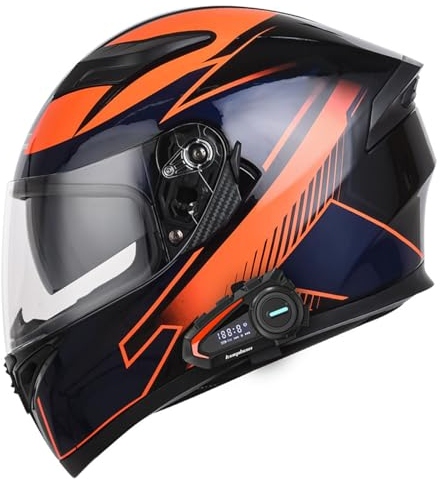 YPDOPORA Integralhelm Für Motorradfahrer Mit Bluetooth, DOT-Zulassung, Integrierter Motorradhelm Mit Doppelter Sonnenblende, Downhill-Rennhelm Für Männer Und Frauen,Orange,2XL63~64cm