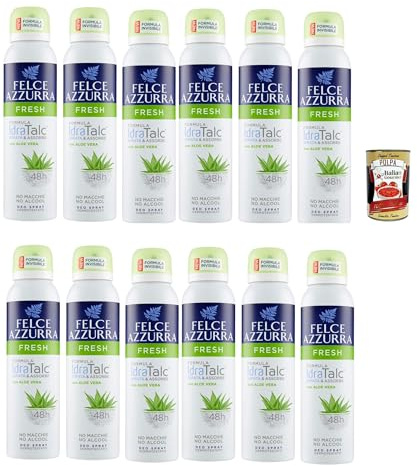 Felce Azzurra Deodorant deo Spray Fresh mit Aloe Vera, IdraTalc Formel, 48 Stunden Wirksamkeit, Fleckenlos 12x 150 ml + Italian Gourmet polpa 400g