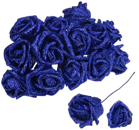 sourcing map 50 rose artificiali glitterate, rose finte con steli, in schiuma, realistiche al tatto, per matrimoni, feste, ufficio, doccia, decorazione della casa, blu