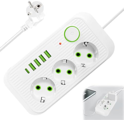 Dhqkqg Steckdosenleiste mit USB, 3 Fach Mehrfachsteckdose, 8 in 1 Steckdosenadapter mit Kindersicherung, 2 Meter Verlängerungskabel, Steckdosenadapter, für Smartphone, Laptop