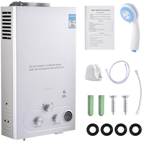 GPL8L Chauffe-eau mural au gaz propane, chauffe-eau instantané sans réservoir de 16KW, avec ensemble de douche, brûleur de chauffe-eau pour camping, camping-car, maison