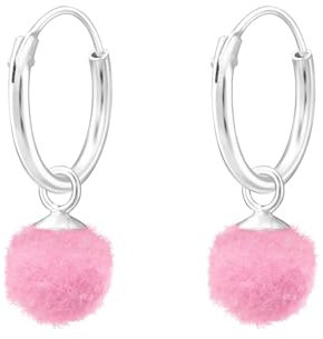 Monkimau Plüsch Bommel Kinder Creolen Ohrringe | 925 Silber | Mädchen Ohrstecker Schmuck | Hypoallergen & Nickelfrei | Kinderohrringe Geschenkidee