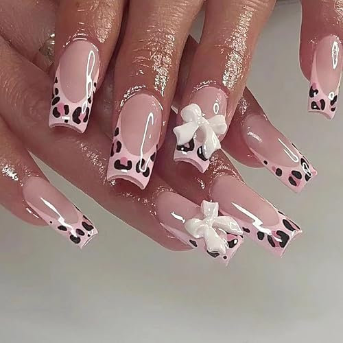 Long Press on Nails French Tip - 24Pcs Pink False Nails with Glue - Leopard Print & Bow Stick on Nails - Strong Coffin Fake Nails Long Last - Full Cover Nail Tips for DIY Nail Art