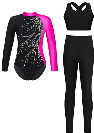 iiniim Mädchen Turnanzug Glitzer Langarm Gymnastikanzug mit Hose Eiskunstlauf Body Overall Gymnastik Leotard Trikotanzug Wettbewerb Tanzkostüm A Rose 134-140