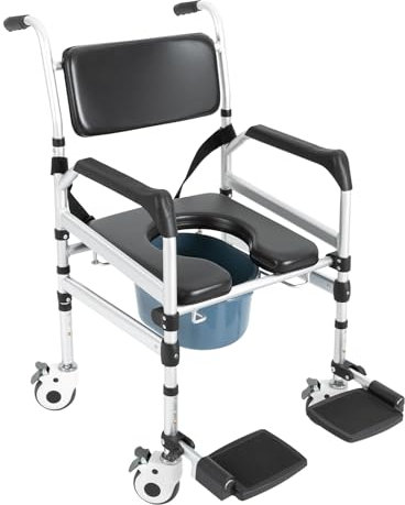 Sedia da doccia con ruote, regolabile in altezza, 46 – 54 cm, pieghevole, con braccioli, poggiapiedi, freni, cintura di sicurezza, 160 kg, per anziani, disabili