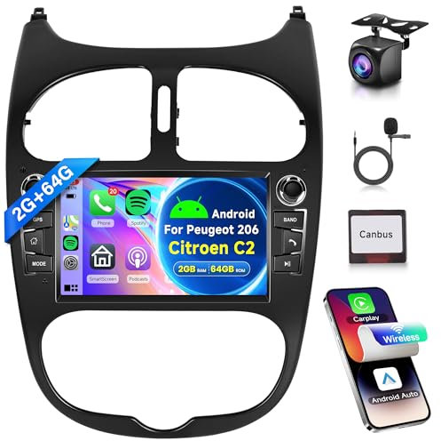 2G+64G Wireless Carplay Android Radio de Coche para Peugeot 206 206CC 206SW 1998-2016 Citroen C2 2004-2008 7 Pulgadas Radio Coche con Android Auto GPS Navi WiFi Bluetooth FM/RDS/EQ/SWC Cámara Trasera