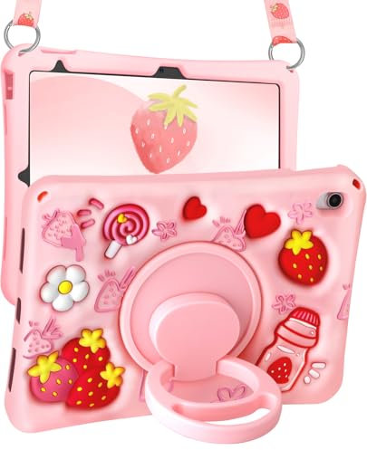 Kokaade Custodia per iPad di 10a generazione/A16, con tracolla e supporto rotante fragola, carina, Kawaii, per ragazze e adolescenti, custodia in morbido silicone per iPad 11a generazione 11 pollici