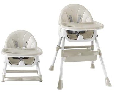 Chaise Haute Bébé, Fauteuil Enfant, Chaise Enfant pliante, Puericulture Bébé, Évolutive, Réglable, Avec Plateau, PP + PU coussin (4 en1-Beige)