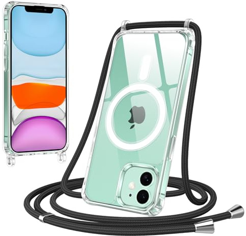 Jrkvniv Magnética Funda con Cuerda para iPhone 11 Carcasa, Compatible con MagSafe, Transparente Delgada TPU Silicona Anti-Choque Antiarañazos Protector Case con Ajustable Correa Colgante, Negro