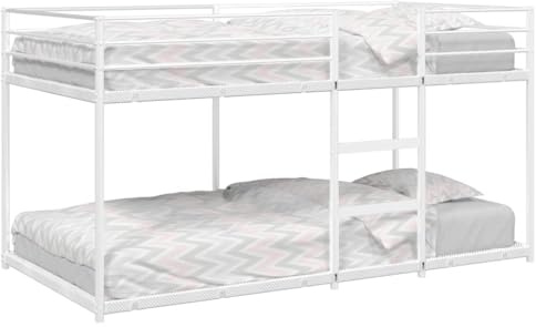 QJBSAVVA Etagenbett Weiß aus Stahl für 2x107x203 cm Matratzen, platzsparendes Jugendbett mit Leiter und Rausfallschutz, modernes Hochbett für Gästezimmer und Kinderzimmer