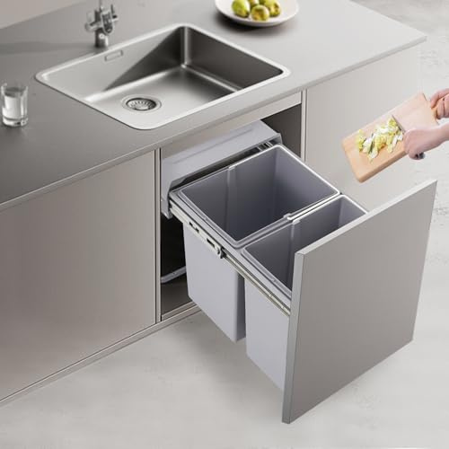 MIIWWOWO Kitchen Waste Bin 40L Pullout Recycling Garbage Trash Can - 49x35x43cm - Under Can Counter Bin - 2 x 20L Capacity -Multi Compartment Sliding Double Pull Out Bins for Kitchen