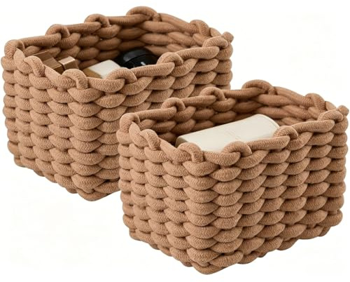 2er Set Aufbewahrungskorb Geflochten Baumwolle Strickkorb, Kleiner Korb Badezimmer Organizer, Wickeltisch Organizer Klein Körbchen Aufbewahrungskörbe, für Schrank Badezimmer Kinderzimmer (Braun)