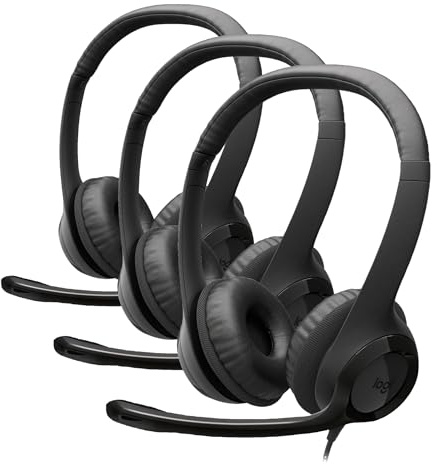 Logitech H390 Wired Headset for PC/Laptop, Stereo Headphones with Noise Cancelling Microphone, USB-C, In-Line Controls, Works with Chromebook - Black (Pack of 3)