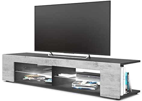 Vladon Lowboard Movie, TV-Kommode mit 4 offenen Fächern und Zierleisten, Schwarz matt/Beton Oxid-Optik, inkl. LED-Beleuchtung weiß (134 x 29 x 39 cm)