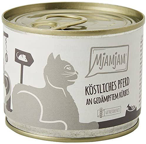 MjAMjAM - Premium Nassfutter für Katzen - köstliches Pferd an gedämpftem Kürbis, 6er Pack (6 x 200 g), getreidefrei mit extra viel Fleisch
