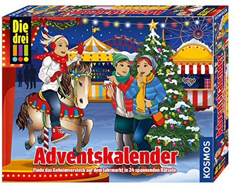 KOSMOS 634070 - Die drei !!! Adventskalender 2019, Finde das Geheimversteck auf dem Jahrmarkt in 24 spannenden Rätseln, Mit 24 Detektiv-Gimmicks, Interaktiver Spielzeug-Adventskalender für Kinder ab 8