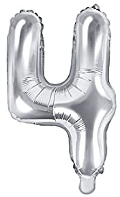 PartyDeco Folienballon Nummer 4 Silber-Geburtstag Hochzeit Jahrestag Folienballon Nummer 4- Silber Größe ca. 35 cm Geburtstag Hochzeit Verlobung Silvesterparty Folienballon Hel Deko Geburtstag