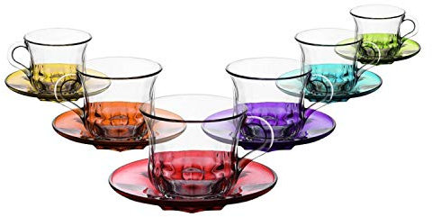 Lav 12tlg Teegläser Set farbige Untertassen Teeset Gläser mit Henkel für Tee Kaffee Cappucino - 215ml