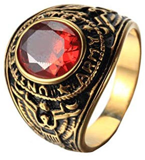 OAKKY Herren Edelstahl Weinlese Amerikanische Soldaten Eagle Set mit Edelstein Ring Rot Gold Überzogen Größe 57 (18.1)