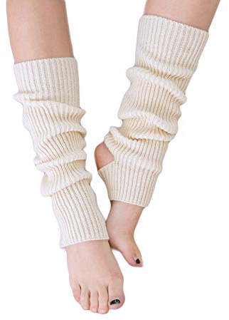 AWOCAN Women Winter Extra Soft Over Knee High Footless Knitted Stirrup Leg Warmers for Yoga Ballet Dance (white)