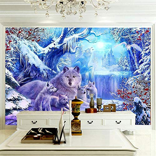 OHEHE Papier Peint Photo Mural Loup animal de scène de neige Poster Peinture Murale Géant Photoréaliste de Haute Qualité Mur Deco 350CM x 256CM