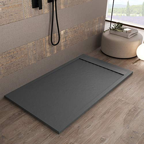 Luminosa ArredoBagno Duschtasse Mineralmarmor, 130 x 90 cm, Steinoptik, rutschfest, mit Gelcoat, Modell Luxury Anthrazit, einfarbiges Gitter und Ablaufgarnitur im Lieferumfang enthalten