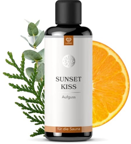 LoWell® 100ml infusion pour sauna Sunset Kiss - Les accessoires d'infusion pour sauna et hammam - Huiles essentielles pour sauna Concentré d'infusion - cèdre, eucalyptus, orange