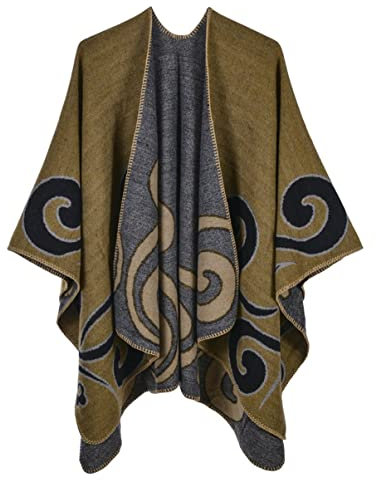 Machbaby Damen Herbst Winter Retro Poncho Schal Gestrickt Beidseitig Tragbar Klassische Wrap Cape Cardigans Schal Quasten Stola,Wolkenmuster dunkelgelb