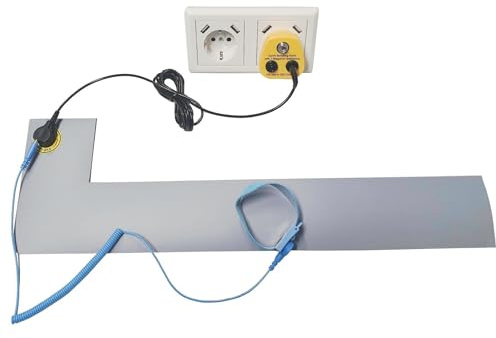 Minadax ESD Antistatik Matte 52cm x 8cm GRAU - inkl. Manschette + Verlängerung 2,4m + ESD Stecker - Anschluss Links