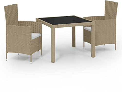 vidaXL Gartenmöbel Set 3-TLG. mit Auflagen Gartengarnitur Sitzgarnitur Sitzgruppe Gartenset Gartentisch Gartenstuhl Tisch Stühle Poly Rattan Beige