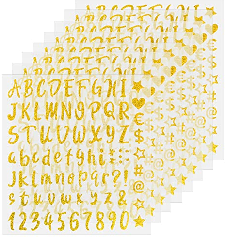 Pinsheng 8 Blätter Glitzer Buchstabe und Zahl Aufkleber, Selbstklebende Vinyl Buchstaben Aufkleber, Alphabet Nummer Aufkleber DIY handgemachte Dekorationen für Briefkasten,Schild,Adressnummer (Gold)