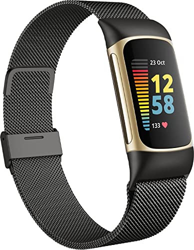 Faliogo Strap Compatible with Fitbit Charge 5/6, Adjustable Mesh Loop Stainless Steel Replacement Band for Women/Men, Black