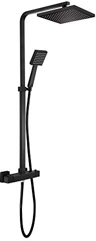 Schwarze Duschsäule, Thermostat Duschset Schwarz Matt, Duschpaneel Armatur Dusche, XXL Regendusche, Handbrause inkl. Schlauch