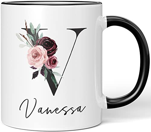 JUNIWORDS Tasse, Vanessa, Name Anfangsbuchstabe Initial Alphabet Floral Buchstabe V Monogramm Motiv, Keramik, Schwarz (5608130)