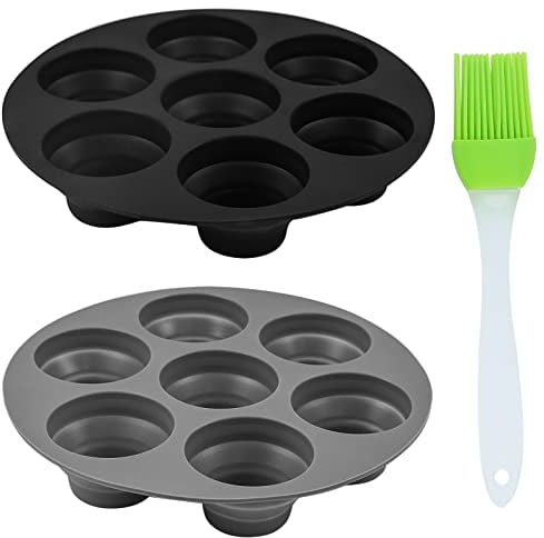 BEHAHAI 2pcs Silicone Muffin Pans with Brush,7 Cup Bun Tray Round Non Stick Baking Mould Air Fryer Cake Molds Cups Cupcake Moulds for Yorkshire Pudding Baking(Black,Grey)