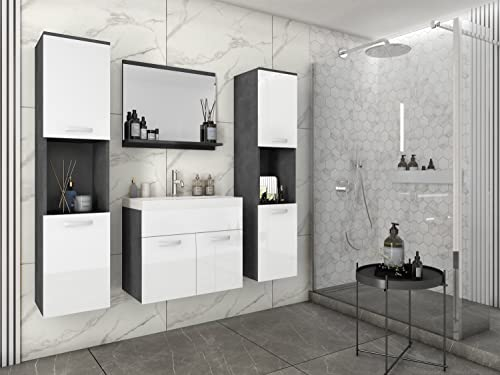 MINIO go for it - MONAL1 - Badmöbel 4-Teilig Set I 2X Hängeschrank I Spiegel mit Regal I Schrank mit Waschbecken I Laminierte Spannplatte I Griffe aus Metall I Matera Weiß Hochglanz