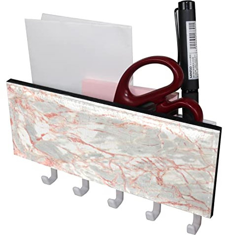 TBOUOBT Mail Organizer für die Wandmontage, Schlüsselhalter mit Briefhalter und Haken, Schlüsselhaken Mail Holder Wall Mounted,Marmor Textur Rosa Grau Modern