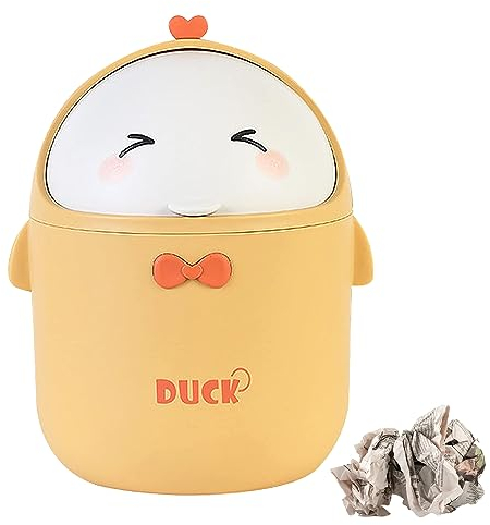 Papelera Escritorio Pequeña, Mini Papelera de Escritorio con Tapa, Papelera de Mesa Portátil, Papelera de Mesa de Maquillaje Estilo Dibujos Animados Lindo, para Oficina, Cocina, Dormitorio (amarillo)