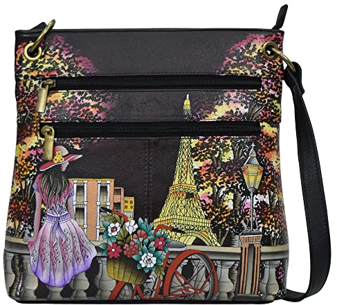 Anna by Anuschka Damen Women's Hand-Painted Leather Medium Crossbody Mittelgroße Umhängetasche, Paris at Night