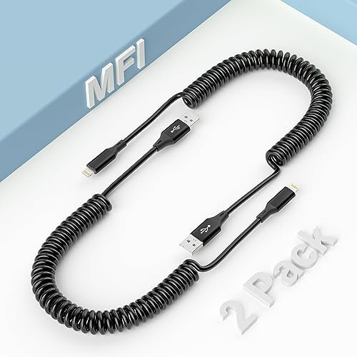 Coiled Lightning Cable 2 Pack, Apple Carplay Cable& MFi Certified, Short Retractable Charging Cord with Data Transmission