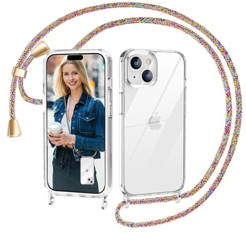 Nupcknn Transparent Handykette für iPhone 15 Hülle mit Band,Dünn Handyhülle (Abnehmbar Einstellbar) Necklace mit Kordel zum Umhängen Kameraschutz HandyKette Stossfest Schutzhülle(1.6M,Regenbogen)