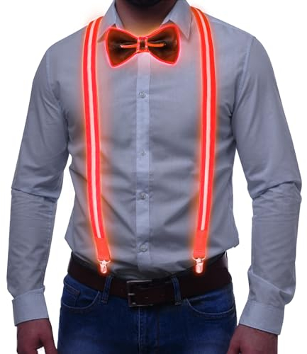 Tulov Lot de 2 bretelles lumineuses à LED pour homme avec nœud papillon lumineux pour enterrement de vie de jeune fille et gadget de festival, rouge, L