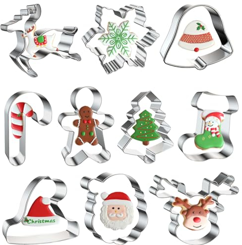 Weihnachten Ausstechformen Set, 10 Stück Plätzchen Ausstecher Edelstahl Fondant Keksausstecher Schneeflocke Rentier Christmas Cookie Cutter