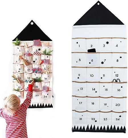 Adventskalender zum Befüllen Stoff, 50 * 120cm Adventskalender Stoff Wand mit 24 Taschen Adventskalender Wandteppich Weihnachtskalender Stoff, zum Aufhängen Weihnachtsdeko Party Favors (Schwarz)