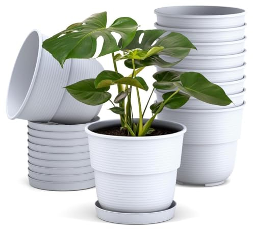 Plastard Blumentöpfe 10er Set 32 cm Durchmesser mit Untersetzer aus Kunststoff Weiß runder Pflanzkübel witterungsbeständiger Übertopf große Blumentöpfe