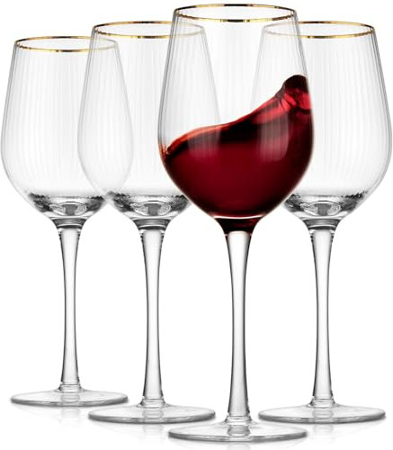 Royalrose Cheerful Optic Glasses with Gold Rim, Set of 4, Clear, All-Purpose, Ribbed Glasses, Dishwasher Safe (Red Wine Glasses), 14.5 oz