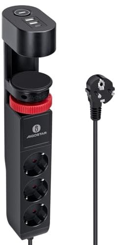 Aigostar Tischsteckdose 3-Fach mit Schalter, Steckdosenleiste mit Tischclip, Steckerleiste mit 3 USB, 6 in 1 Mehrfachsteckdose,1.4M Kabel, Schwarz
