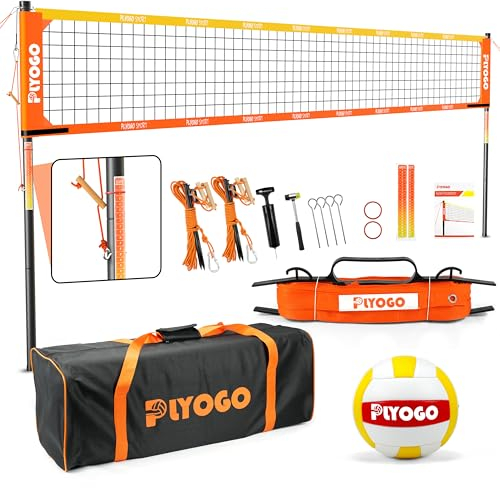 PLYOGO Volleyballnetz für den Hinterhof, professionelles, tragbares Outdoor-Volleyballnetz-Set mit verstellbaren Aluminiumstangen, Anti-Beschlag-Design, doppelter Spannungsversteller für Strand, Gras,
