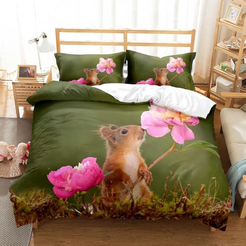 SJSXWQN Bettwäsche 135x200 GrüNes EichhöRnchen Bettwäsche-Set mit Reißverschluss Schließung für Kinder Mädchen Weicher Atmungsaktive Mikrofaser Bettbezug + 2 Kopfkissenbezug 80x80 cm