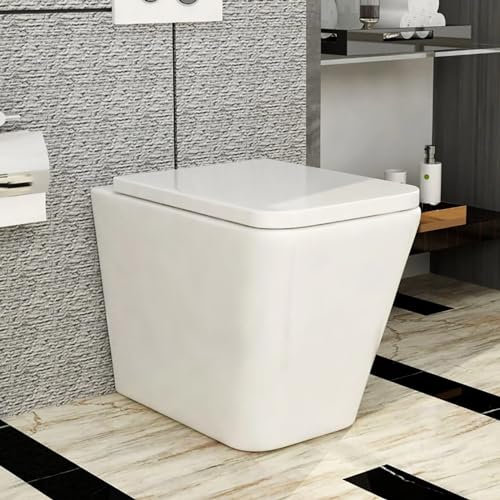 Back to Wall White Ceramic WC Compact BTW Bathroom Toilet - Modern Square Short Projection - Soft Close Seat - Concealed Pipework